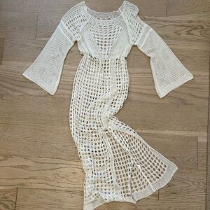 White/Cream Handmade Knit Maxi Beach Coverup/ Knit Dress
